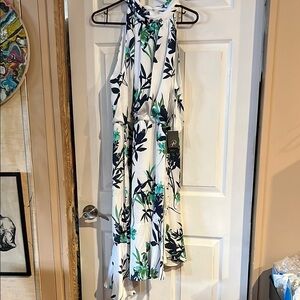 Adrianna Papell White and Blue Floral Midi Dress